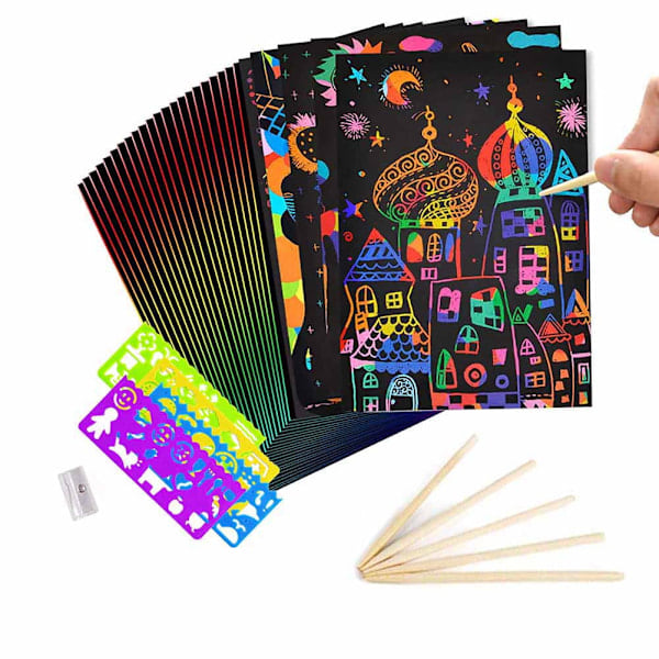 50-osainen Scratch Art -setti - Sateenkaaripaperi ja kynä lapsille 8-12 vuotta