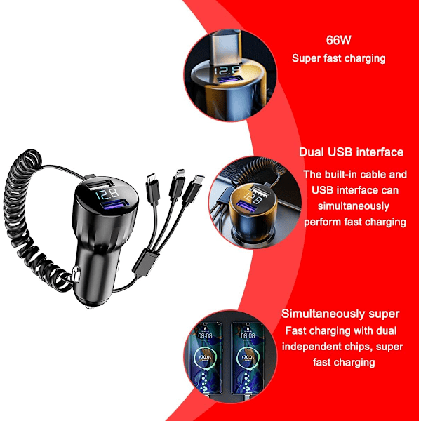 2025 Uusi digitaalinen autolaturi, 1-3 USB-porttia kaapelilla, 100 W supernopea lataus, yhteensopiva Android-, iPhone- ja Type-C-laitteiden kanssa (B)（PA)