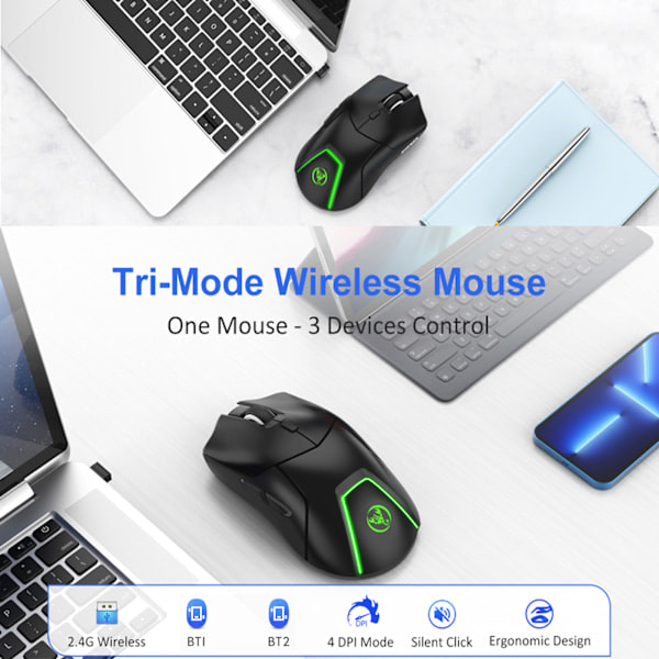 HXSJ T40 Trådløs Mus 2.4G+BT5.1+BT5.1 USB-mottaker Trippel Modus Mus med 7 RGB-lys Gamingmus for PC Datamaskin Notebook Oppladbar