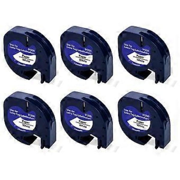 6 st Etiketttape Kompatibel med Etikettskrivare Refill Papper Etiketttape Svart på Vitt för LetraTag 91330 10697