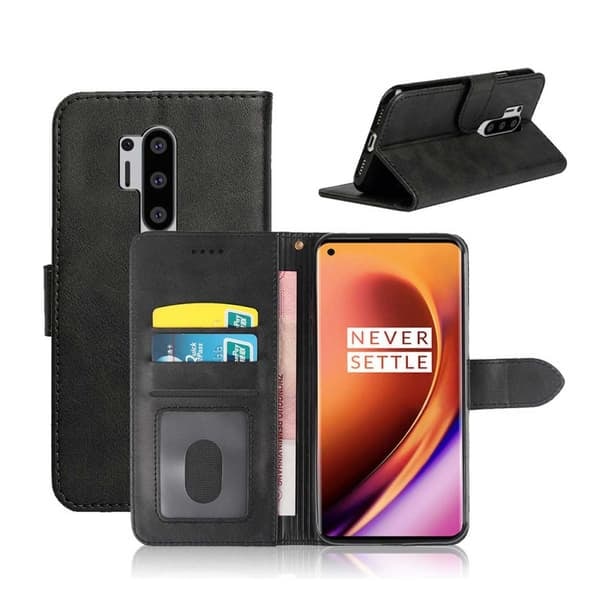 OnePlus 8 Pro Lommeboketui Lær Skinn Etui Svart—pa
