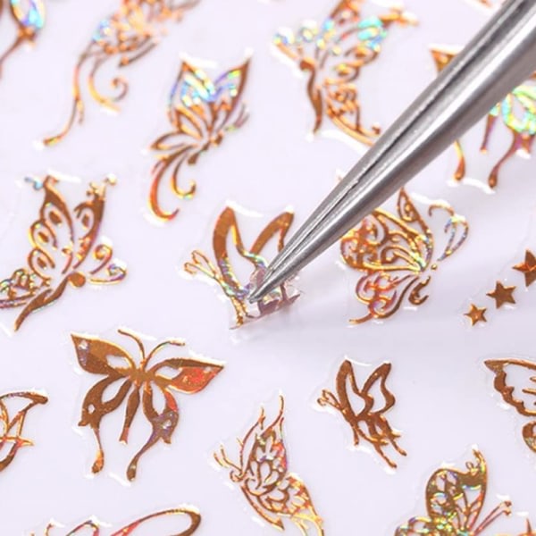 Butterfly Nail Art klistermerke med 3D Hot Stamping Laser Nail Decal 3D Nageldekoration Silver