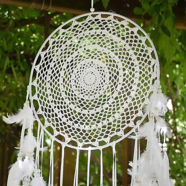 Stor Boho drømmefanger med hvitt fjærtapet for vintage eller hjemmeinnredning 35 cm sirkel 110 cm lang hvit (ZYH)