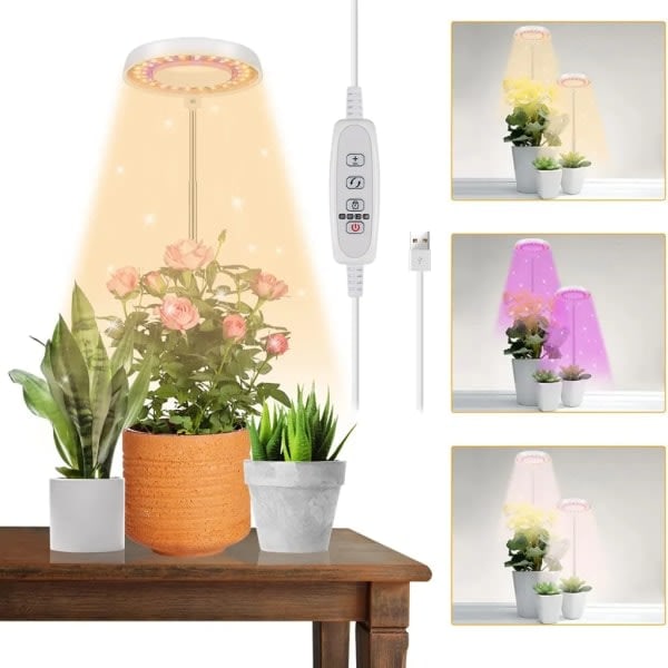 LED-vekstlampe med fullspektrum, 3 lysmoduser, vekstlys, dyrkingslampe med timer for innendørs planter, grønnsaker, blomster