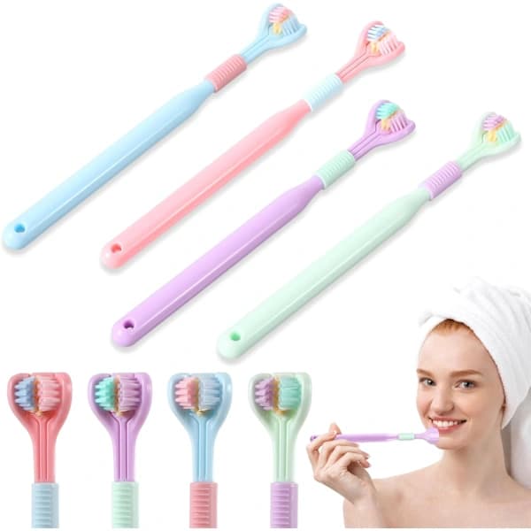 4-Pack 3-Sided Toothbrush for Adults with Soft Bristles for Deep Cleaning