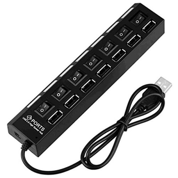 7-porters USB-hub med PÅ/AV-bryter, svart (7-porters USB-hub)-2.0 High Full Speed HUB-utvidelse