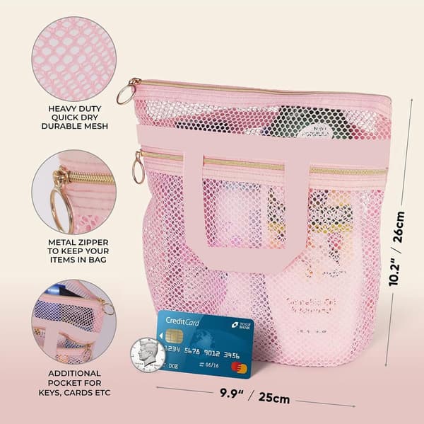 Mesh Quick Dry Dusjveske, Rosa, 25x26cm med Glidelås, for Studenthybel, Leir og Treningsstudio