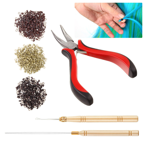 Hair Extension Tools Kit Sæt Silikone Micro Ringe Links med tænger Trækkroge Nåleløkketråder