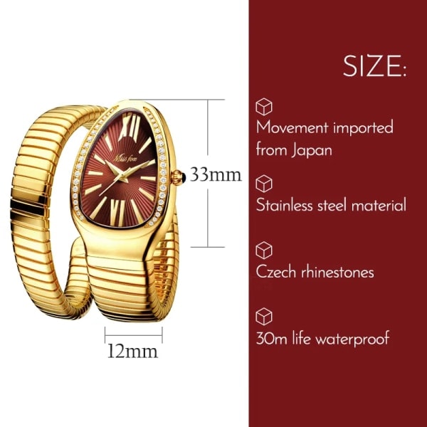 MISSFOX Dameur Ormform Watch til Kvinder Stål Unik Guldkvarts ur Relogio Feminino B-1221-GSW