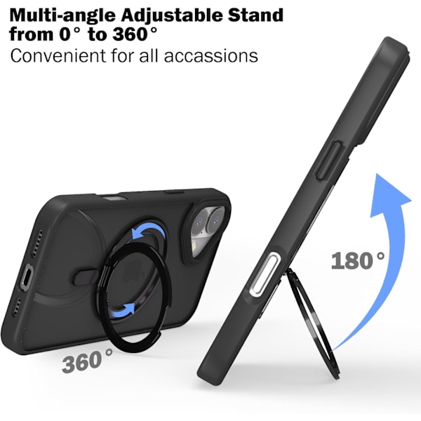 Magnetisk etui til iPhone 16 eller 16 Plus [Kompatibel med MagSafe], Gennemsigtigt slankt bagcover med 360° roterbart ringstativ Sort—PA