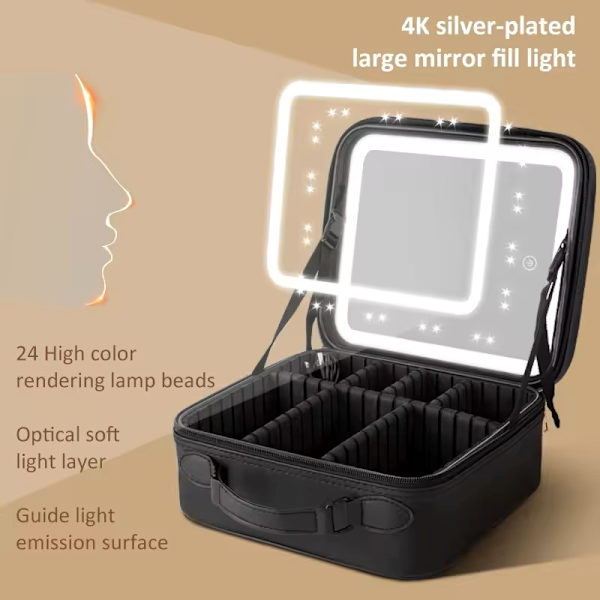 Sminkepose Kosmetikpose Organizer med LED-spejl Pink Rosa