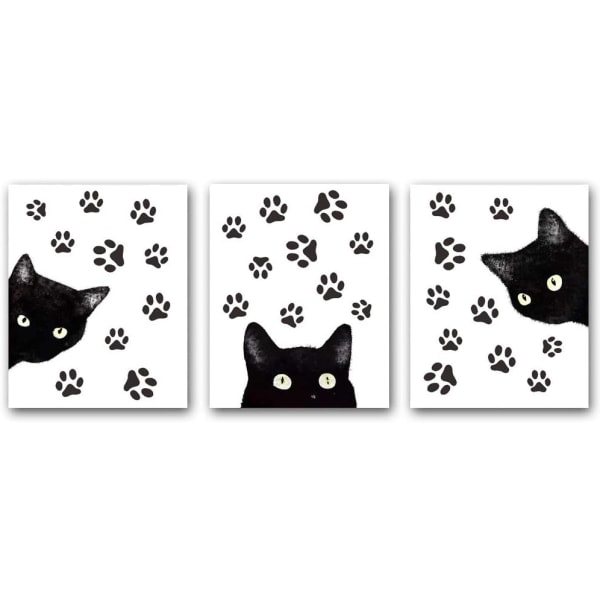 Set med 3 djurkattväggkonsttryck, rolig affisch med svart katt fi