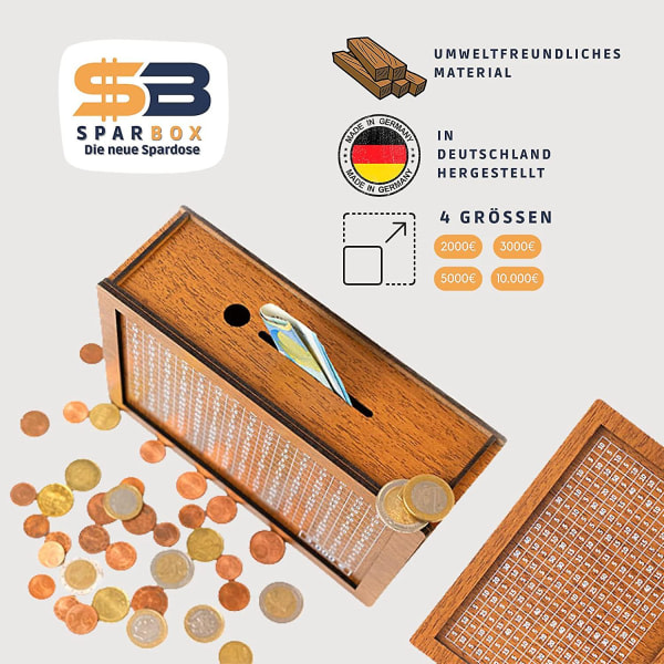Sparbox (4 størrelser) - Återanvändbar pengalåda med besparingsmål og siffror på kryssa i 5000 Euros