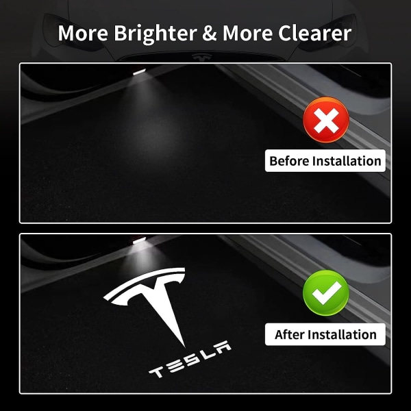 4 stk. Tesla Puddle Lights Bildørslys Logoprojektor, Ultralet LED 3D Laser Ghost Shadow Light, Invitationslamper til Model 3 Y S X Tilbehør—PA