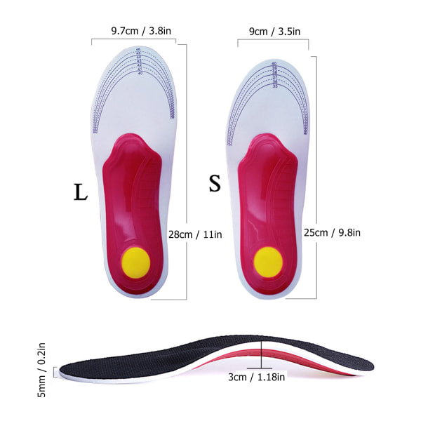 Fotkorrigerende innleggssåler Kuttbare Reduser trykkbue støtter ortotiske innlegg for flat fot rød bunn svarte overflater L(41?46)