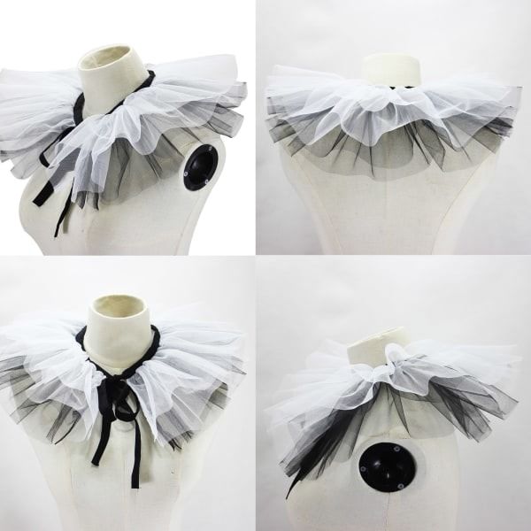 Kvinners renessanse tyll volang falsk krage lagdelt svart hvit mesh klovn choker blonder viktoriansk nakkeruff sjal cosplay rekvisita SQBB