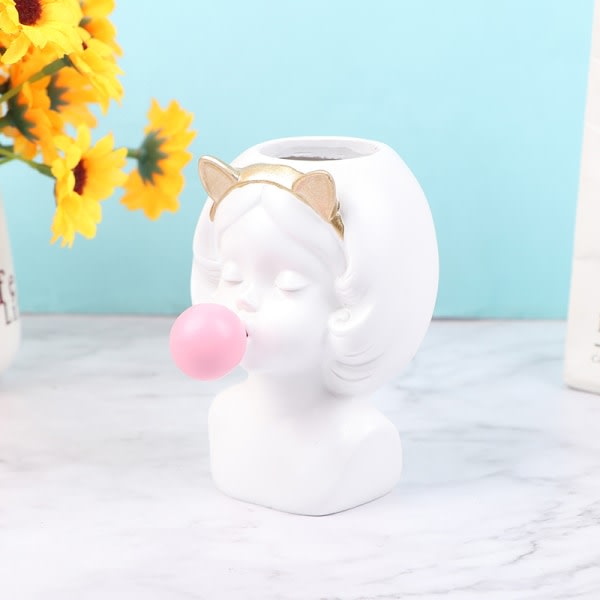e Girl Bubble Gum Statyett Harts Blomvas Dekorativ White
