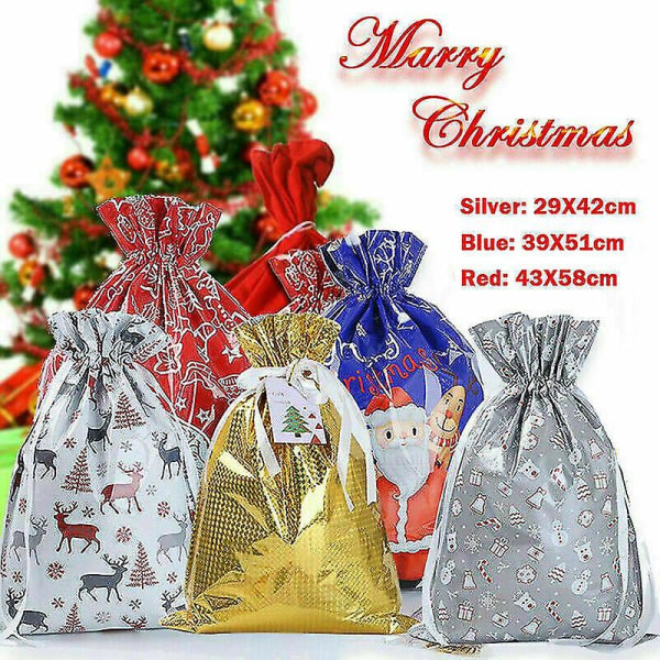 10x julsäckar Återanvändbara stora julklappspåsar med dragsko Sininen 24*32cm