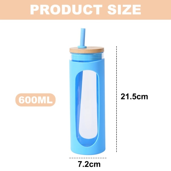 600 ml lasimuki, bambukannella ja pillillä, roisketiivis lasipullo, silikonisuojuksella, BPA-vapaa.