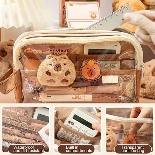 Sweet Capybara Pencil Case with Stickers, Large Capacity Transparent Pouch