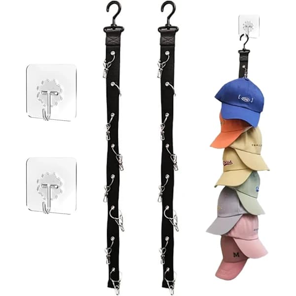 2 Pieces Hat Storage, Practical Hat Rack, Baseball Cap Storage with 16 Stainless Steel Clips, Hanging Hat Organizer with 2 Self-Adhesive Hooks