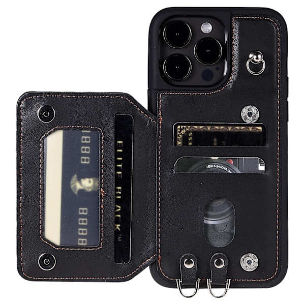 Telefonfodral för iPhone 15 Pro Max Rfid Blocking Pu Läderbelagd TPU-skal med handledsrem Black