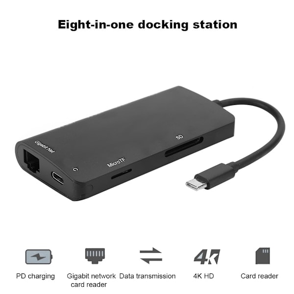 USB Hub Adapter 3.0 Typ C till HDMI 4K 8-i-1 Dockningsstation USB-C till RJ45 Gigabit Ethernet-port 3 Splitter Port Svart