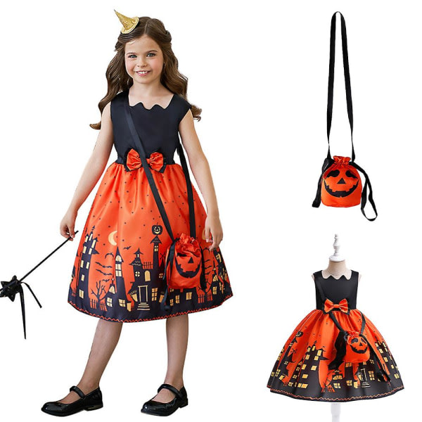 2-9 år Barn Flickor Halloween Party Cosplay Klänning Flickor Ermløs klänning med pumpaväska Fancy Dress Up Presenter 8-9 år