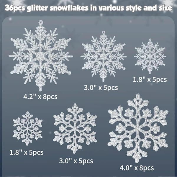 36-pack snöflingor ornament - glittrande julgransdekorationer
