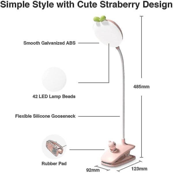 Barn skrivebordslampe, klemme på lys for seng Batteridrevet lys med 3 lysstyrker USB oppladbart leselys