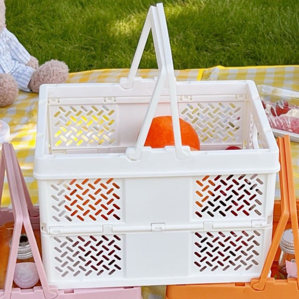 Sammenfoldelig picnickurv Stabelbar opbevaringsboks Plastikindkøbskurv med håndtag til udendørs hjemme mælkehvid
