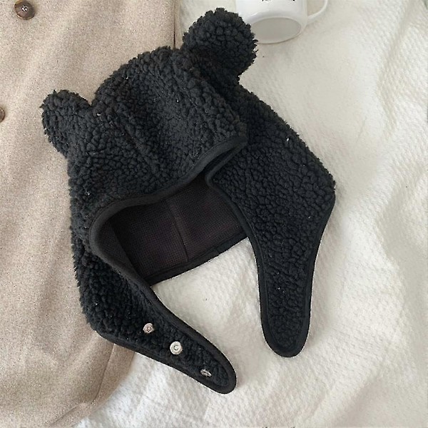 Fleece-pipo karhukuviolla naisille ja miehille - Turvapipo magneettisoljella ja korvaläpillä - Söpö ulkoilupipo talveen Black