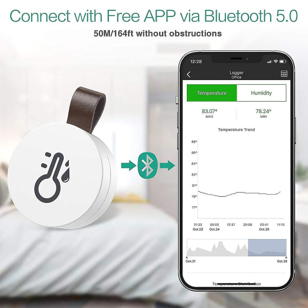 Trådløs termometer hygrometer, Oria Mini Bluetooth 5.0 fugtighed temperatur sensor med dataeksport og alarm