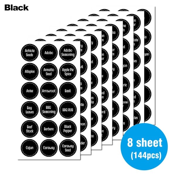 144 STK Krydderier Krukke Stickers Pantry Etiketter SORT sort black