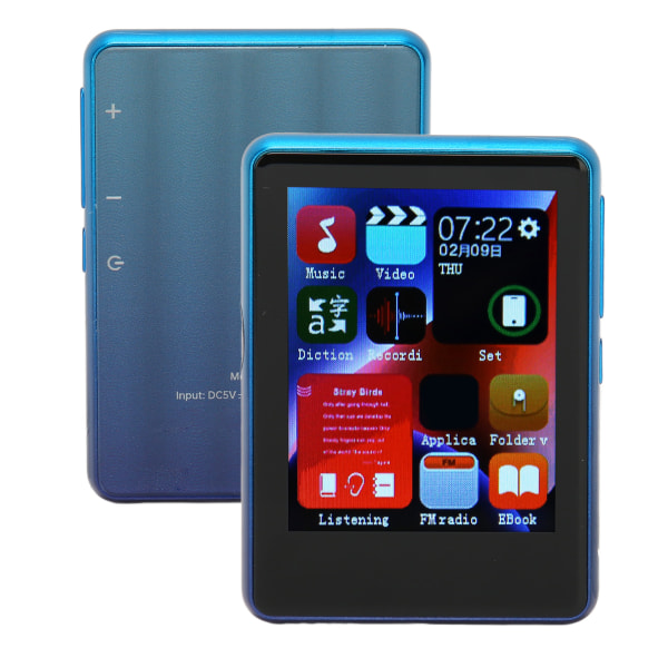 MP3-spelare Bluetooth 5.0 HD Full Touch Screen Support Spela in musikspelare med FM-radio Elektronisk bokhögtalare Blå 4+128GB (minneskort)