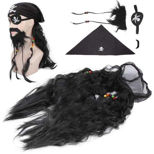 Black Pirate Fake Beard Bart Sett Parykk Hodeskjerf Falsk Flettet skjegg til Halloween