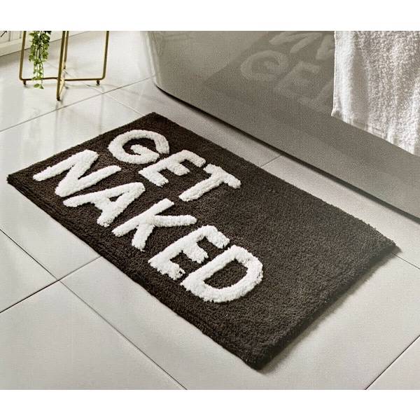 GET NAKED Mustavalkoinen kylpyhuoneen matto vedenimevällä takapuolella, kylpyhuoneen matto pop-up-kirjaimilla Get Naked, superpehmeä ja liukumaton (musta)