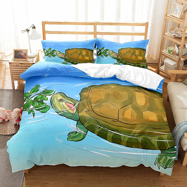 Tecknad Havssköldpadda Kung & Drottning Täcke Set Söt Sköldpadda Barn Ocean Djur Quilt Täcke Polyester Överdrag
