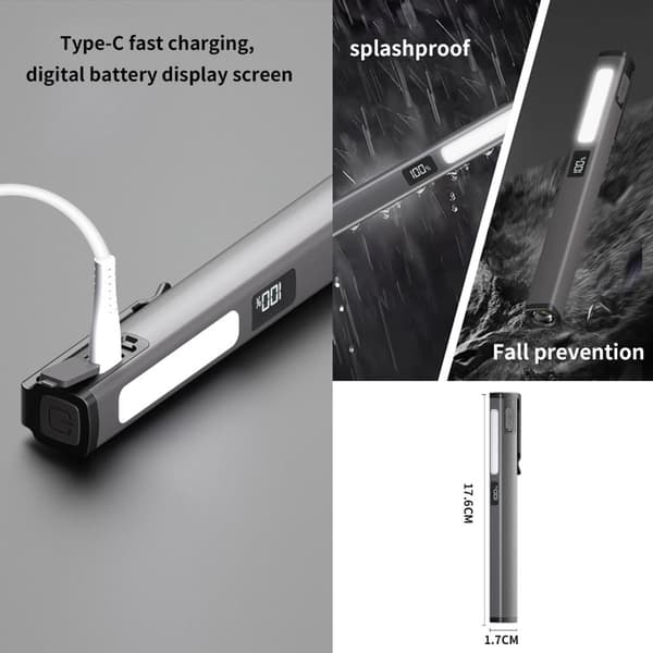 COB Pen Arbejdslys, USB C Genopladelig LED Lommelygte med Magnetisk Base, 6 Tilstande Batteridisplay til Bilreparation og Camping, Grå