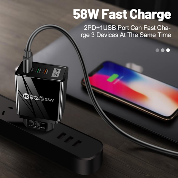 58W USB-C Vegglader 3-Port GaN PD Hurtiglading Dobbel USB-C Hvit