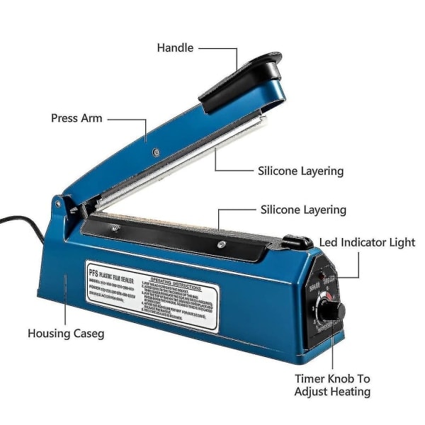 200 mm varmeforsegler plastpose forsegler impulsforsegler blå vakuum madforsegler pose pakkemaskine