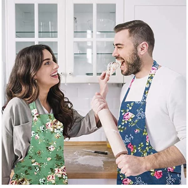Kitchen Aprons with Floral Pattern and Pockets, 2-Pack
