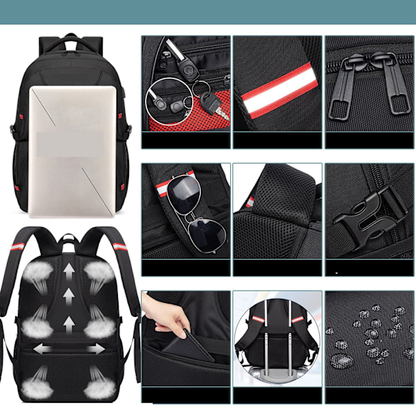 Stor ryggsäck för män, 50 L, arbetsryggsäck, laptopryggsäck, herrryggsäck för 17,3 tums dator, skolryggsäck med USB-laddningsport