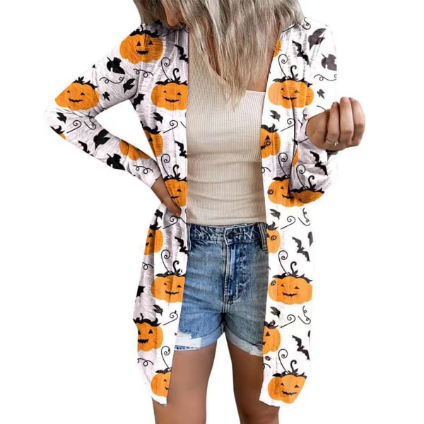 Öppen frontduk för kvinnor Halloween Lättvikts Mjuk långärmad främre Öppen tröja Topp Casual Ytterkappa för höstens Halloweenfest Vit S