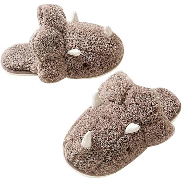 Vuxen Unisex Djurtofflor Varma Plysch Dinosaurie Design Hemtofflor Roliga Triceratops Tofflor Halkfria Sovrumstofflor Kaffe Coffee 38-39