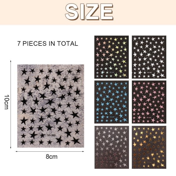 7 ark 3D Star Nail Art Tarrat Dekaler Självhäftande nageldekal för kvinnor flickor, flera färger, 10,5*8 cm
