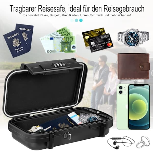 Portable Safe with Combination Lock, Waterproof Security Box with Detachable Cable (Black)