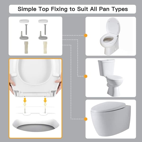 Toiletsæde med soft close, Toiletsæde med quick release for nem montering oppefra, O-form