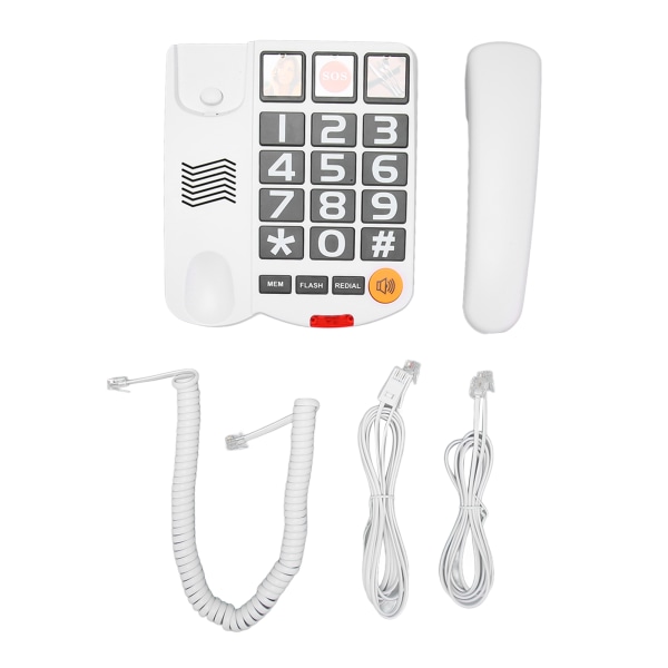 Storknappstelefon Multifunktionstelefon med snabbval handsfree fast telefon med sladd och högtalare för seniorer Vit