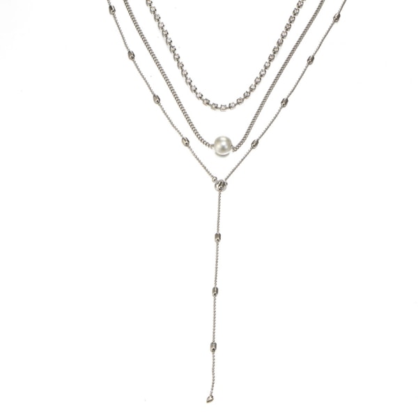 Fashion Women Girl 3 Layer Chain Simulated Pearl Pendant Halsband Delicate Smycken (Silver)